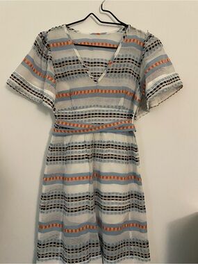 Striped Sheer V-Neck Midi Dress in Light Blue and Orange